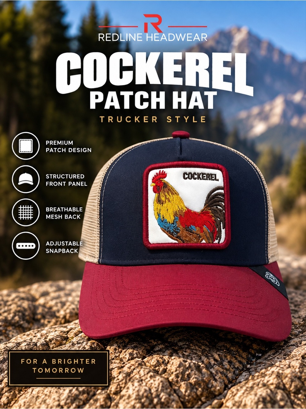 Cockerel Rooster Patch Trucker Hat Navy Red Beige Snapback Cap